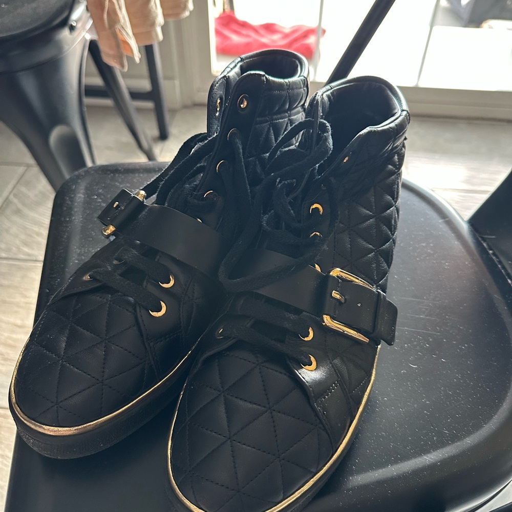 Balmain Black Quilted Sneakers with Gold Accents